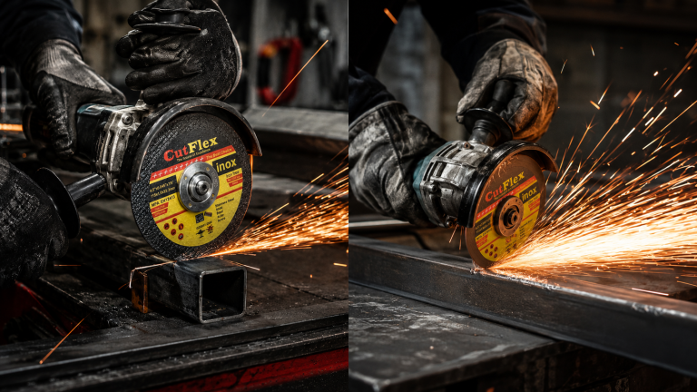 ChatGPT Image Jul 15 2026 09_47_44 AM - Cutflex Online Two workers in gloves use angle grinders to cut metal, sparks flying from the beams on a dark workshop floor. Note: The left and right panels show the same action from different angles, with bright sparks at the cut edge.