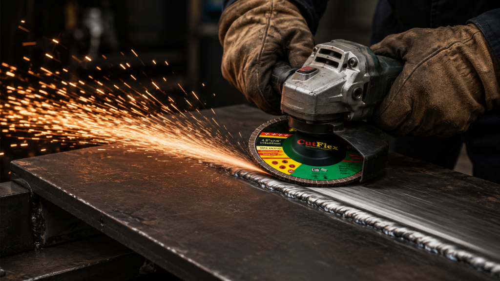 Worker wearing gloves grinding a metal workpiece with a cut-off wheel, sparks flying.