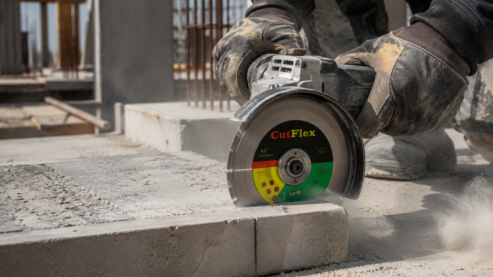ChatGPT Image Jul 15 2026 11_00_48 AM - Cutflex Online Close-up of a worker with dusty gloves using a handheld angle grinder to cut a concrete block, dust plume rising from the cut area, blade labeled CutFlex visible.