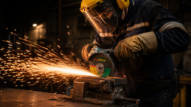 ChatGPT Image Jul 15 2026 11_16_25 AM - Cutflex Online Worker wearing a helmet, face shield and gloves grinds metal on a bench grinder, sparks flying across the scene.